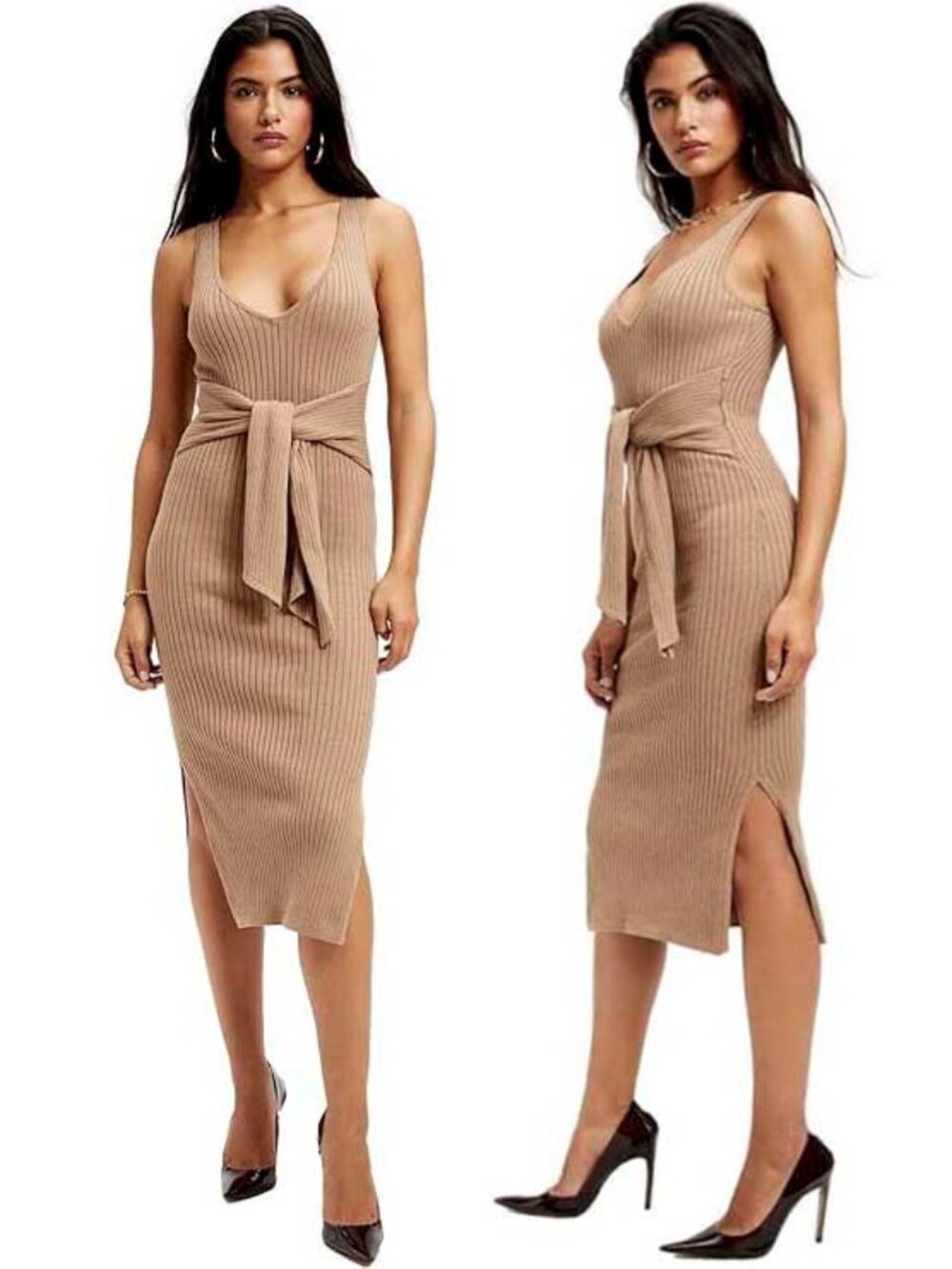 Good American Womens Belted Sleeveless Cotton Rib-Knit Midi-Dress Taupe M NWT